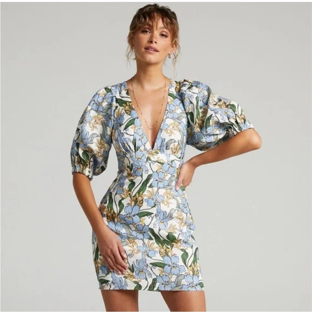 AMALIE THE LABEL - INDRISIA LINEN PUFF SLEEVE OPEN BACK BODYCON MINI DRESS IRIS